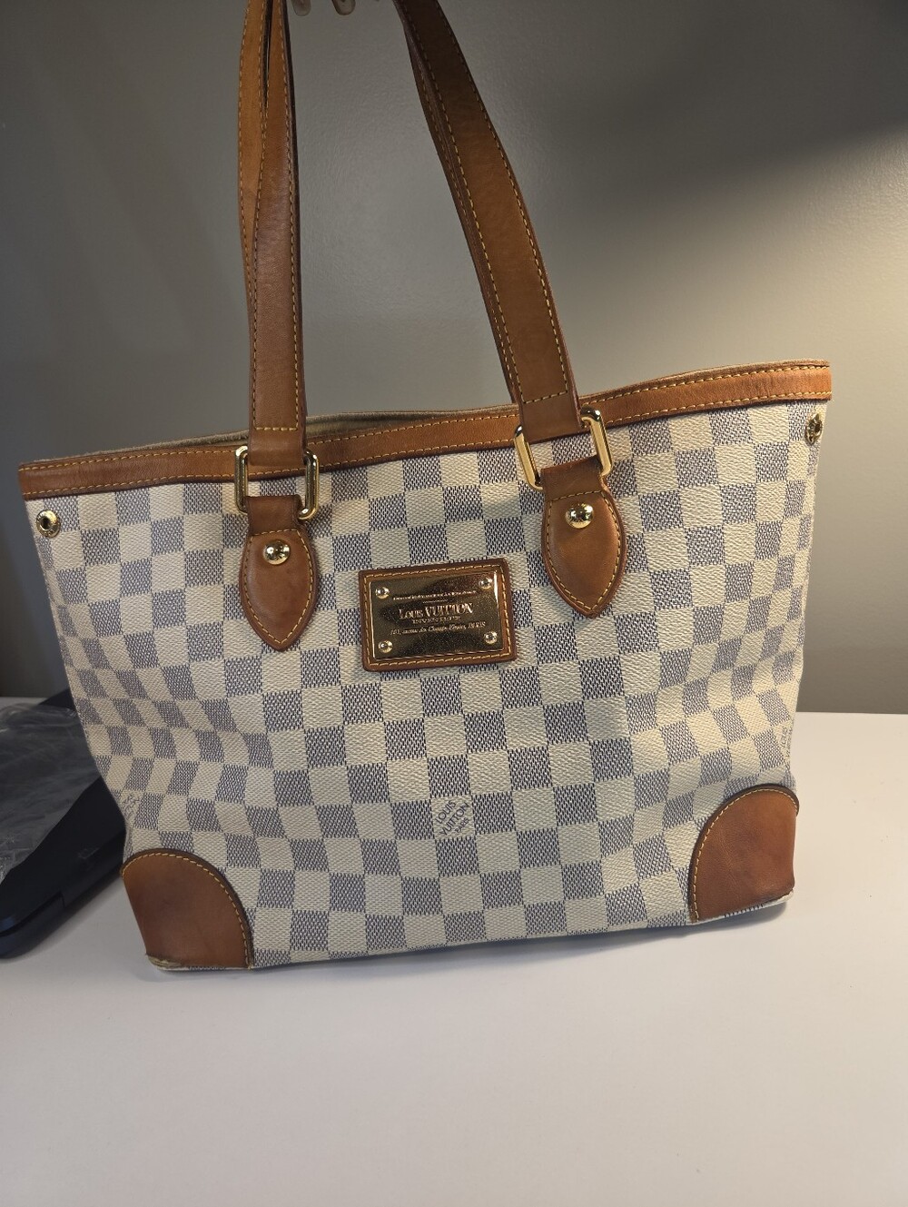 Louis Vuitton Hampstead PM Tote Bag Damier Azur Ebene Shoulder Bag Medium Authen